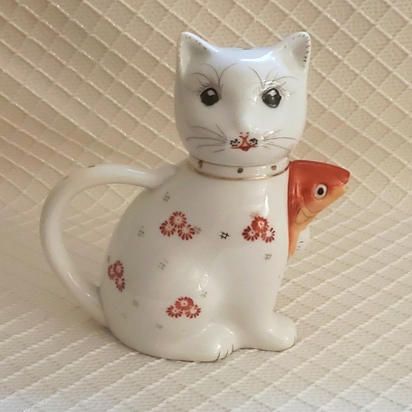 Vintage Cat Holding Koi Fish Teapot